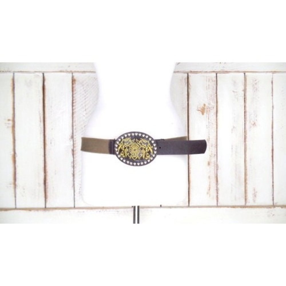 90s vintage metal studded faux leather canvas belt gold embroidered buckle